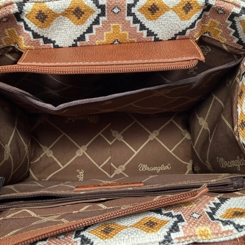 Wrangler Southwestern Aztec Tote Bag Crossbody Small Purse Brown Canvas Western